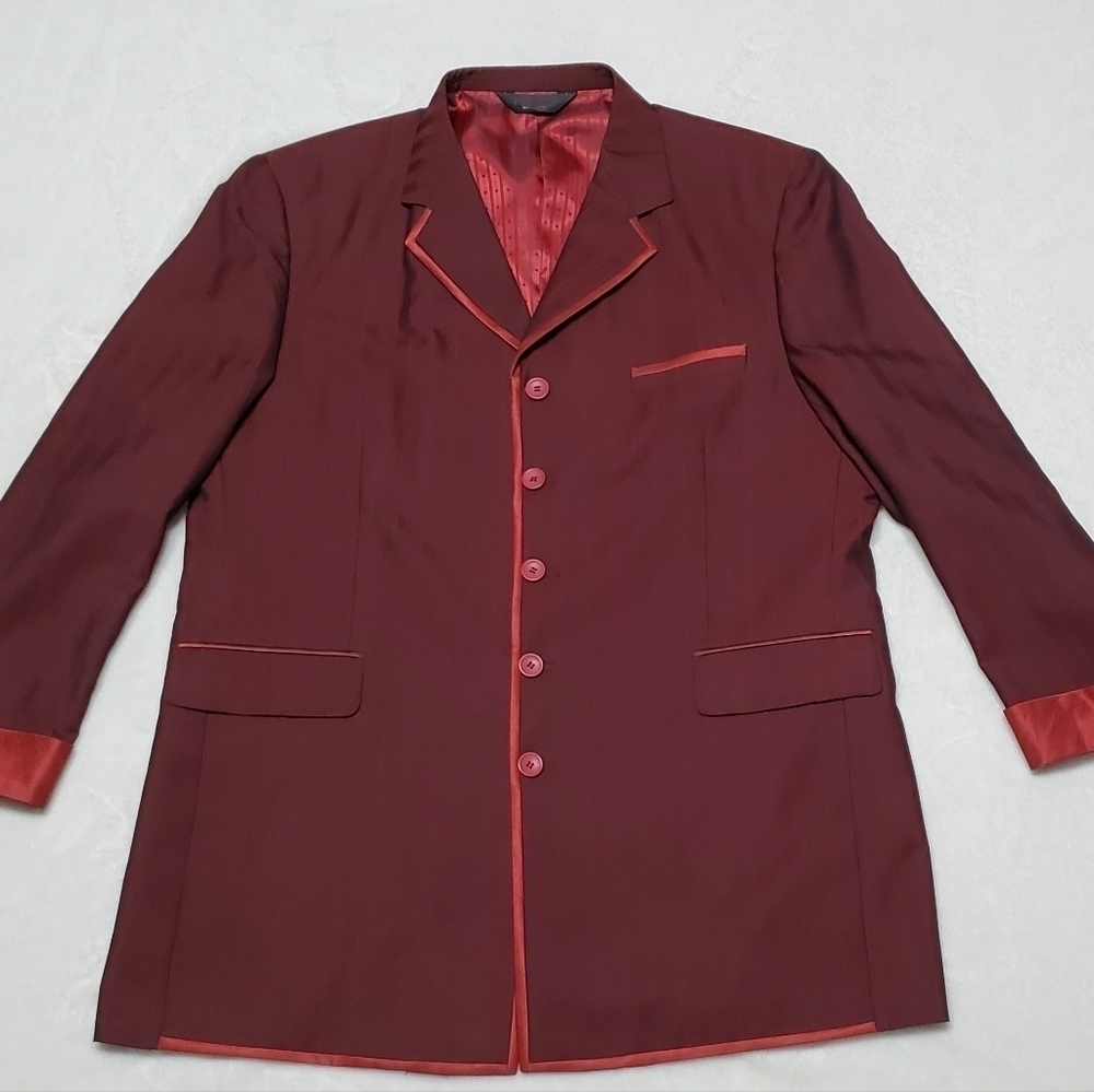 PALLINI Deep Red Satin Striped Three-Piece Suit Jacket Vest Pants Regular Fit - Picture 2 of 16